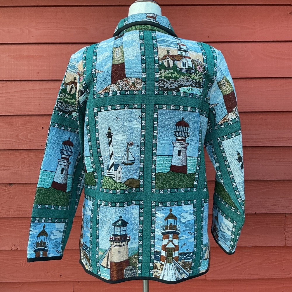Blair Tapestry Jacket Womens L Blue Green Lighthouse Nautical Vintage Coastal - Picture 10 of 11